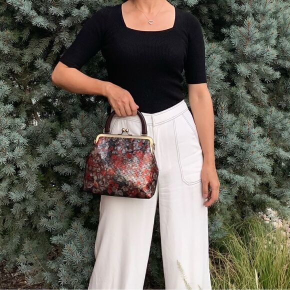 Handmade Genuine Sheepskin Floral Print, Wood Handle Bag & Small Clutch Set - Picture 5 of 16